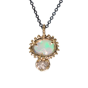 Opal and Raw Diamond Pendant