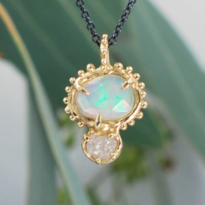 Opal and Raw Diamond Pendant