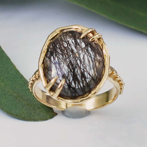 Black Rutilated Quartz Cocktail Ring with Dotted Band